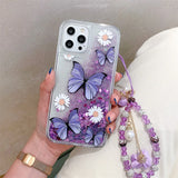 Butterfly Purple Quicksand Case With Lanyard for iPhone