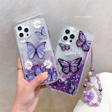 Butterfly Purple Quicksand Case With Lanyard for iPhone