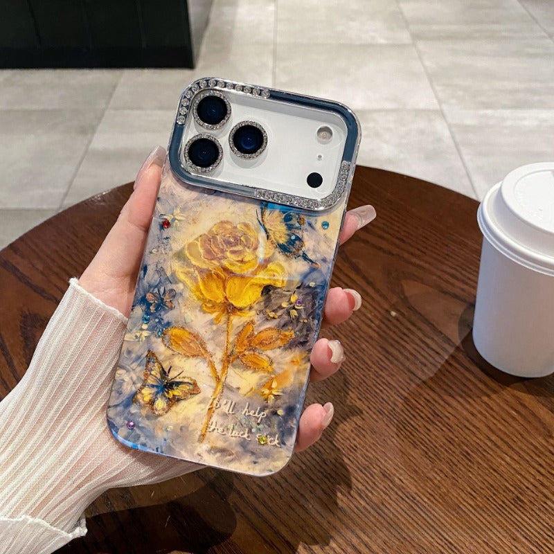 Oil Painting Flower Butterfly Rhinestone Anti-Drop Phone Case for IPhone