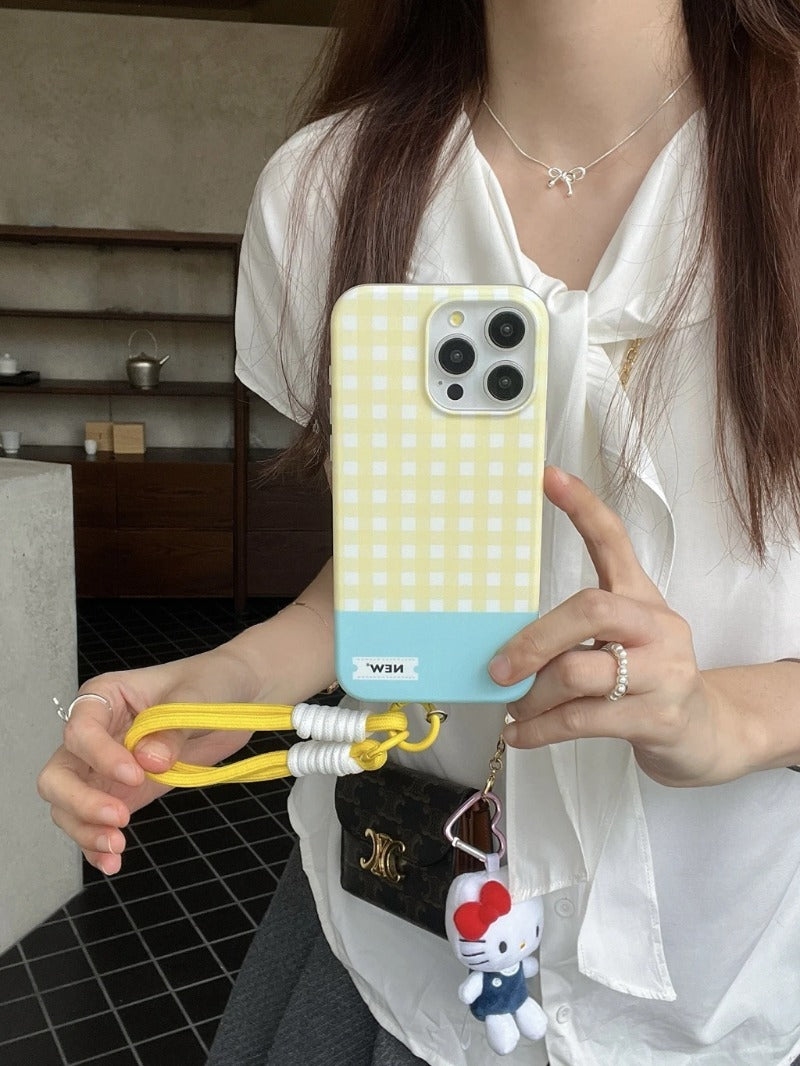 Color Plaid Splicing With Lanyard Phone Case for iPhone