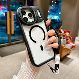 Fold Glass Lens Stand Magnetic Wrist Strap Clear Case for iPhone