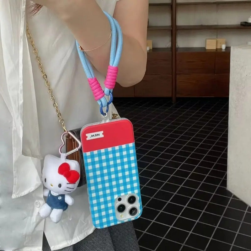 Color Plaid Splicing With Lanyard Phone Case for iPhone