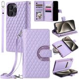 Glitter Plaid Leather Case with Card Slots and Lanyard for iPhone