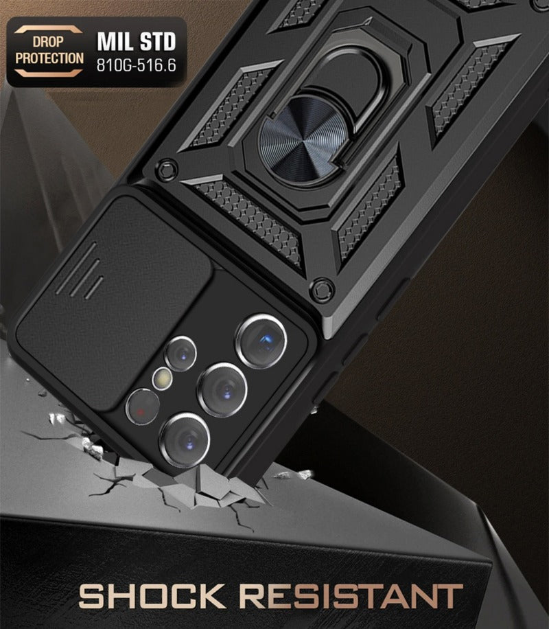 Lens-Mounted Sliding Window Phone Case with Stand for Samsung