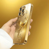 Diamond Golden Phoenix Pattern Gold Metallic Paint Glass Case For iPhone