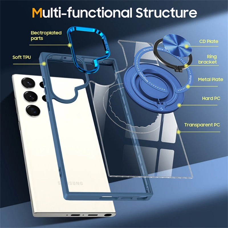 Magnetic Transparent Rotating Metal Stand Case For Samsung