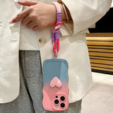 3D Cute Love Heart Gradient Curly Wave Phone Case with Wrist Strap Lanyard For iPhone