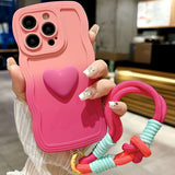 3D Cute Love Heart Gradient Curly Wave Phone Case with Wrist Strap Lanyard For iPhone