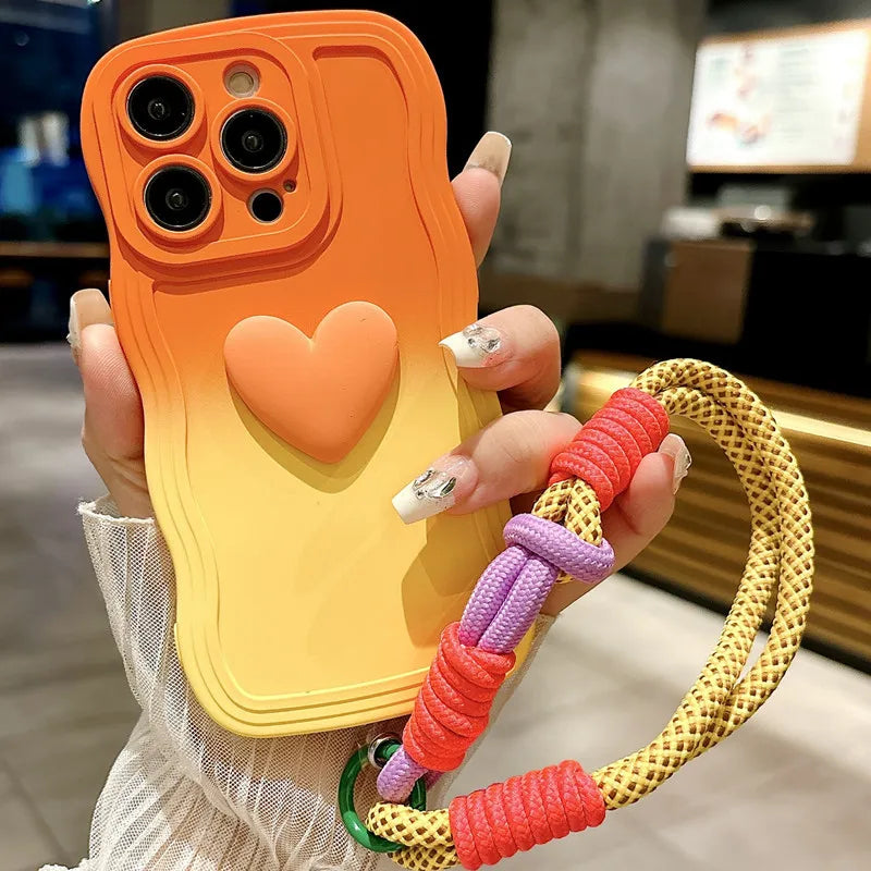 3D Cute Love Heart Gradient Curly Wave Phone Case with Wrist Strap Lanyard For iPhone