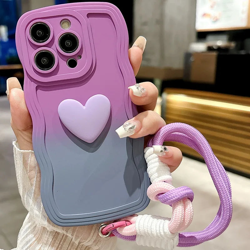 3D Cute Love Heart Gradient Curly Wave Phone Case with Wrist Strap Lanyard For iPhone