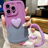 3D Cute Love Heart Gradient Curly Wave Phone Case with Wrist Strap Lanyard For iPhone