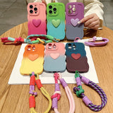 3D Cute Love Heart Gradient Curly Wave Phone Case with Wrist Strap Lanyard For iPhone