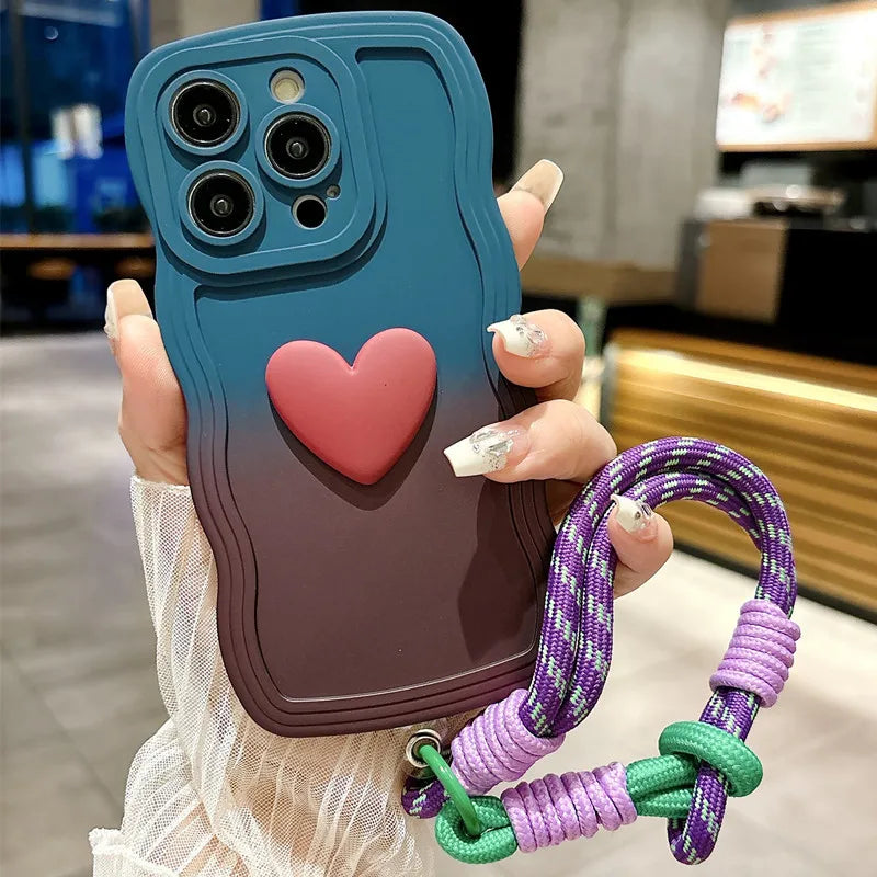 3D Cute Love Heart Gradient Curly Wave Phone Case with Wrist Strap Lanyard For iPhone