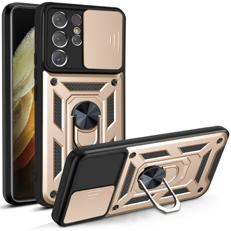 Lens-Mounted Sliding Window Phone Case with Stand for Samsung