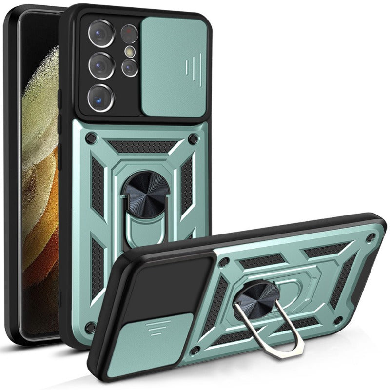 Lens-Mounted Sliding Window Phone Case with Stand for Samsung