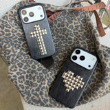 Punk Heart Cross Rivet Leather Shockproof Case for iPhone