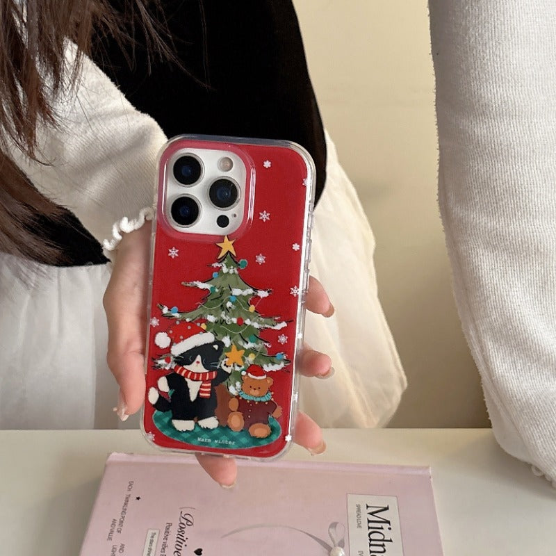 Christmas Tree and Black Cat Lanyard Phone Case for IPhone