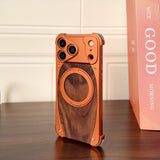 Walnut Wood Frameless Magnetic Case with Metal Rotating Stand for iPhone