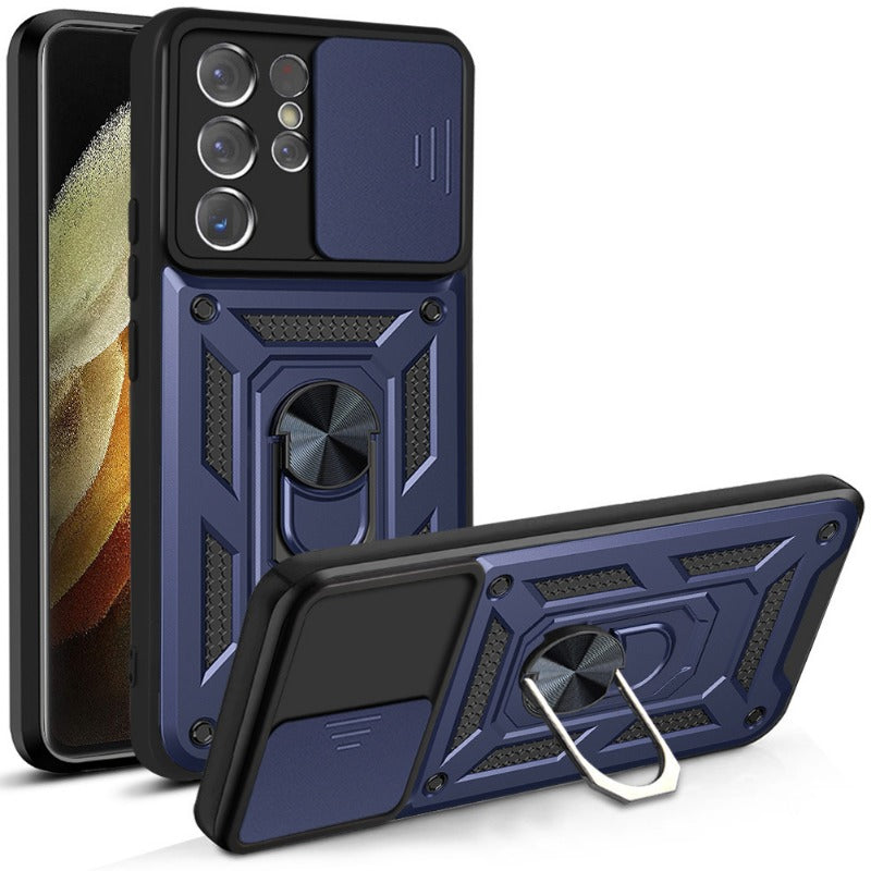 Lens-Mounted Sliding Window Phone Case with Stand for Samsung