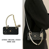 Leather Quilted Camellia with Pearl Bracelet Phone Case for iPhone