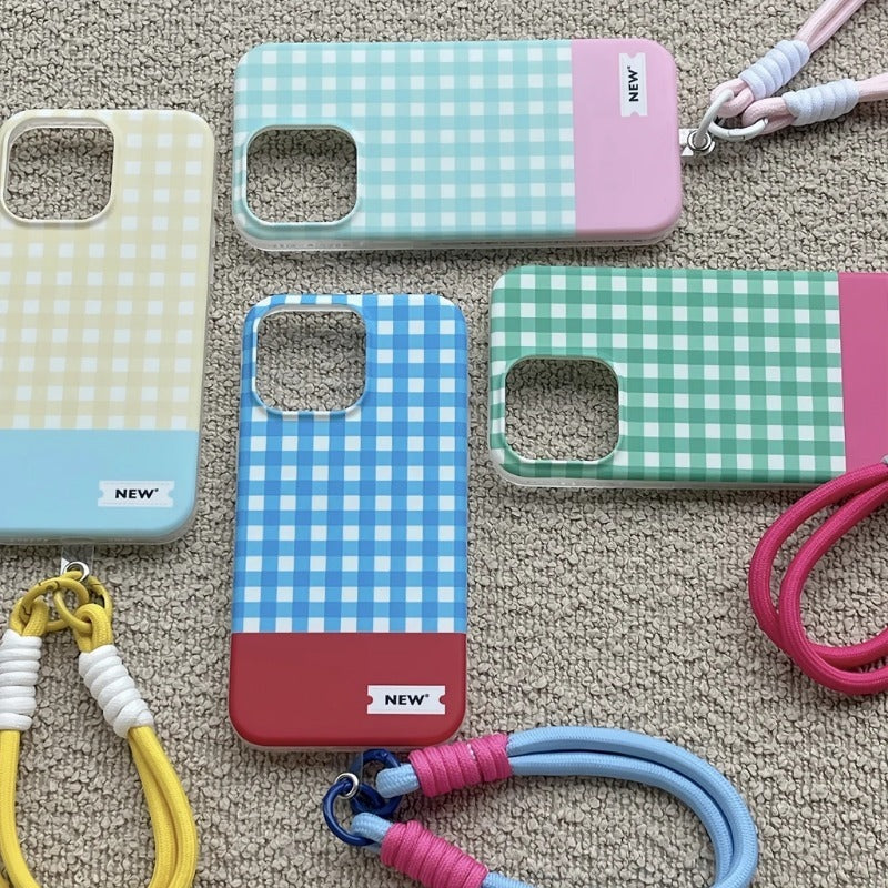 Color Plaid Splicing With Lanyard Phone Case for iPhone