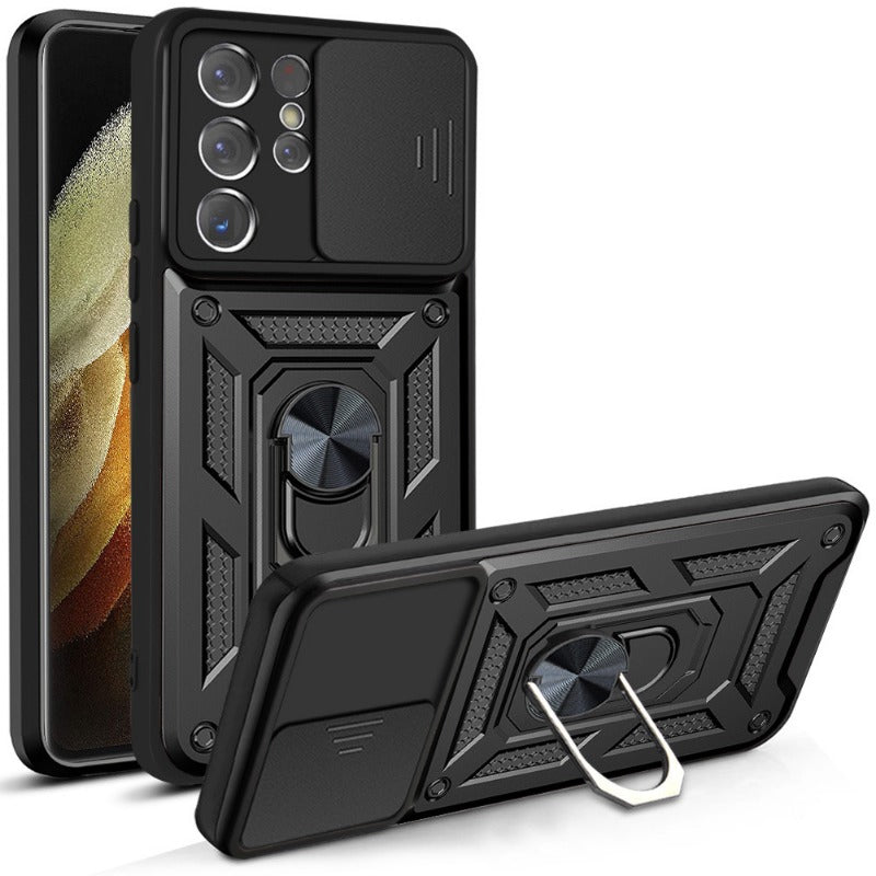 Lens-Mounted Sliding Window Phone Case with Stand for Samsung