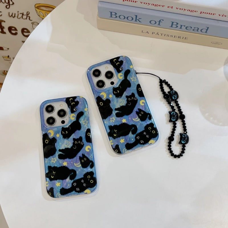 Cute Black Cats Double Layers Wrist Chain Phone Case for iPhone