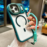 Fold Glass Lens Stand Magnetic Wrist Strap Clear Case for iPhone