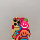 Wavy Edge Graffiti Smiley Face Crossbody Wrist Strap Case For iPhone