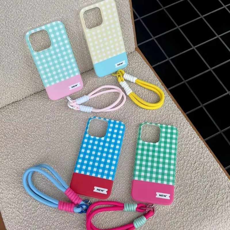 Color Plaid Splicing With Lanyard Phone Case for iPhone