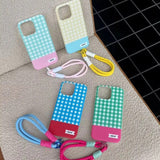 Color Plaid Splicing With Lanyard Phone Case for iPhone