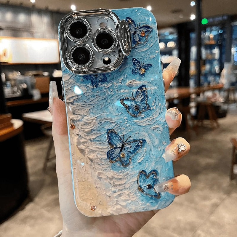 Rhinestone Beach Butterfly Lens Holder Phone Case for iPhone
