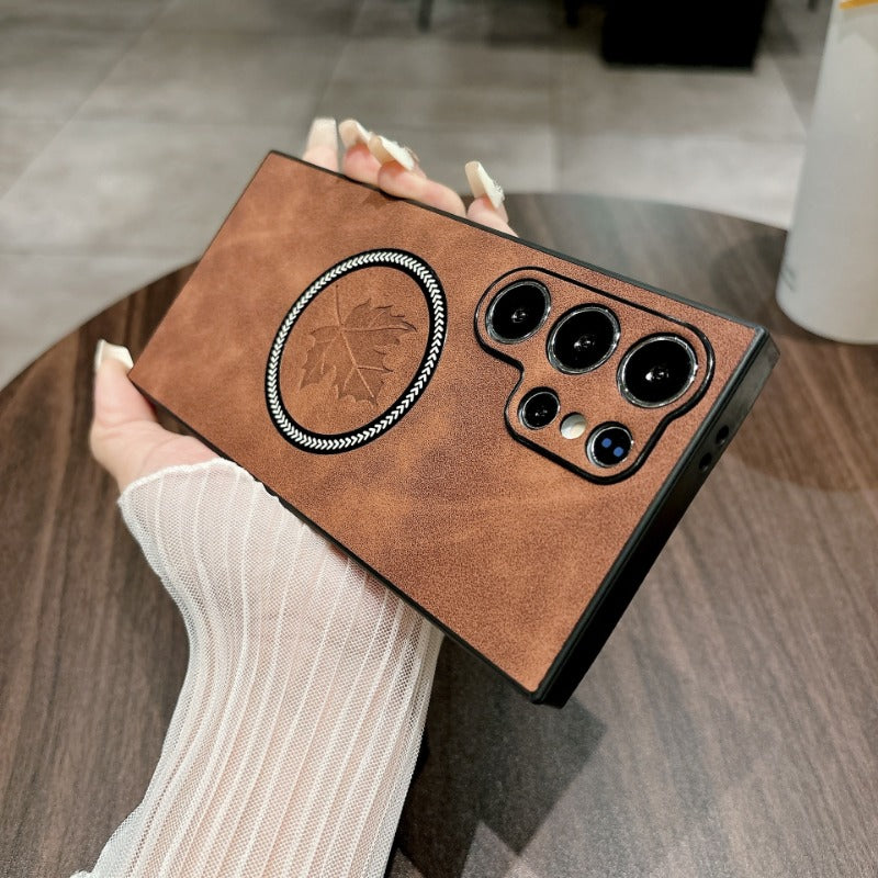 Luxury Sheepskin Maple Leaf Magnetic Phone Case for Samsung