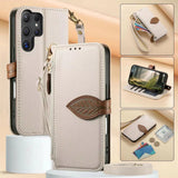 Leaf-Designed Leather Flip Cover Card Slot Lanyard Shockproof Case For Samsung