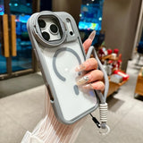 Fold Glass Lens Stand Magnetic Wrist Strap Clear Case for iPhone