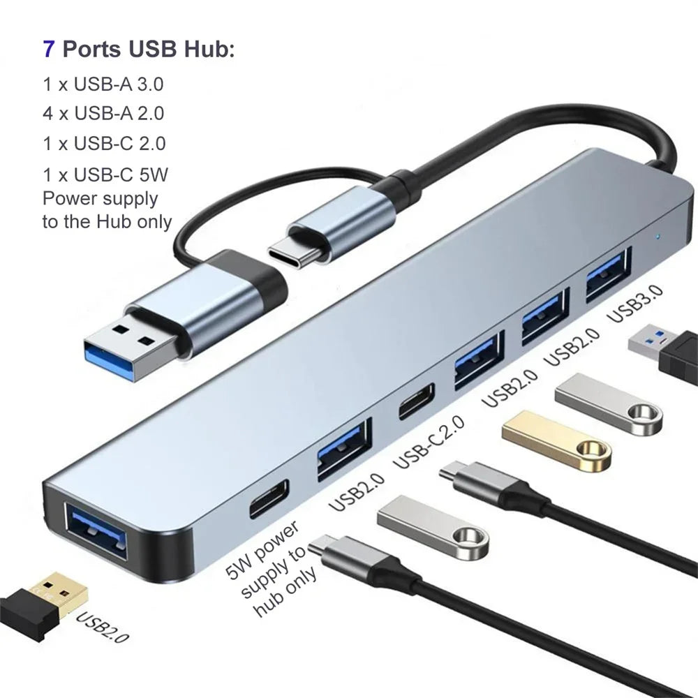 7 Ports USB A C Hub Multi Adapter