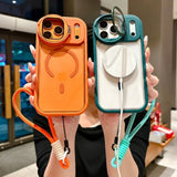 Fold Glass Lens Stand Magnetic Wrist Strap Clear Case for iPhone