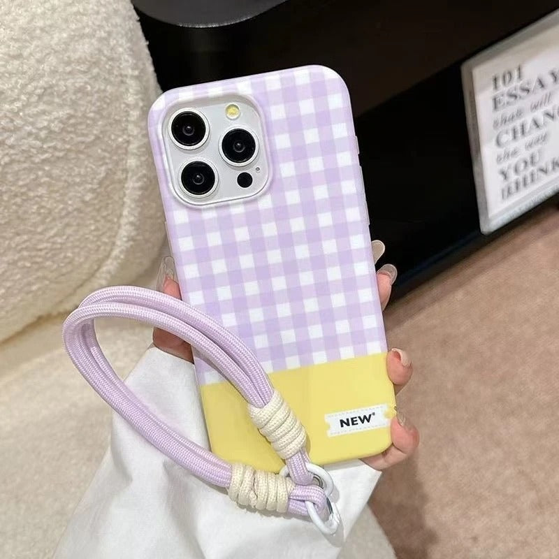 Color Plaid Splicing With Lanyard Phone Case for iPhone