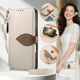 Leaf-Designed Leather Flip Cover Card Slot Lanyard Shockproof Case For Samsung