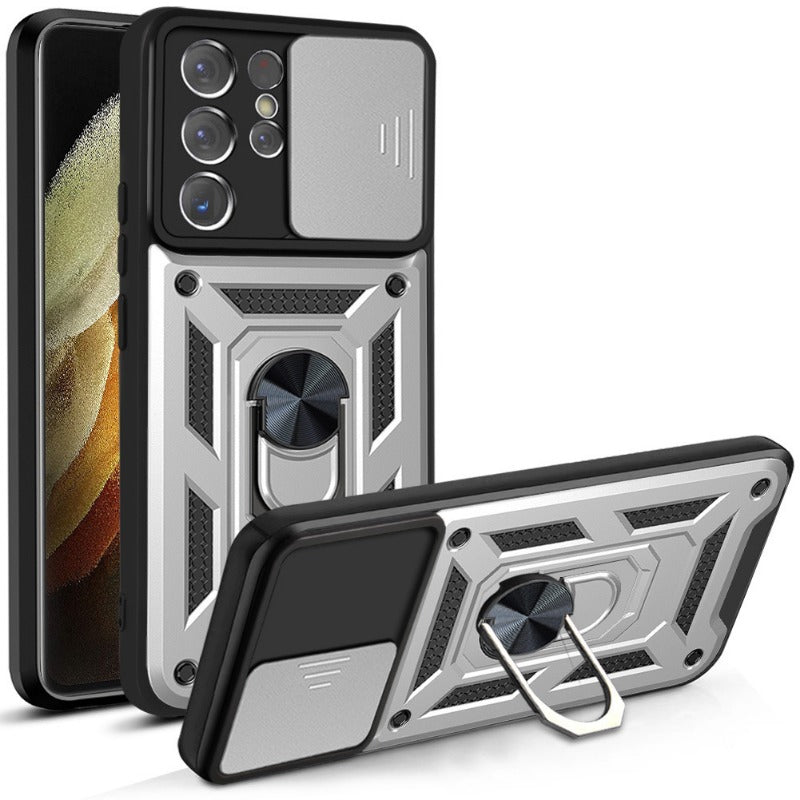 Lens-Mounted Sliding Window Phone Case with Stand for Samsung