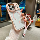 Fold Glass Lens Stand Magnetic Wrist Strap Clear Case for iPhone