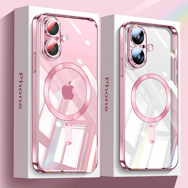 Luxury Plating Pink Clear Magnetic Wireless Charging Case For iPhone