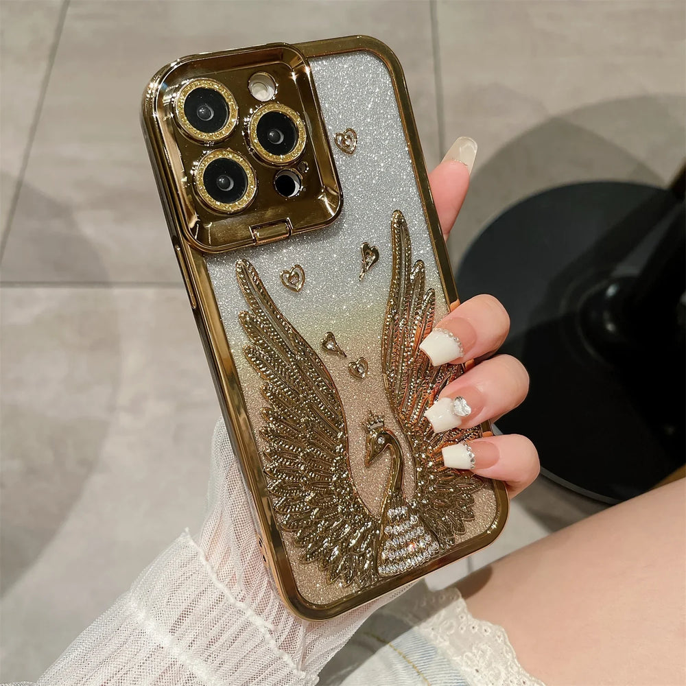 Angel Wings Gradient Glitter Flip Lens Protection Phone Case for iPhone