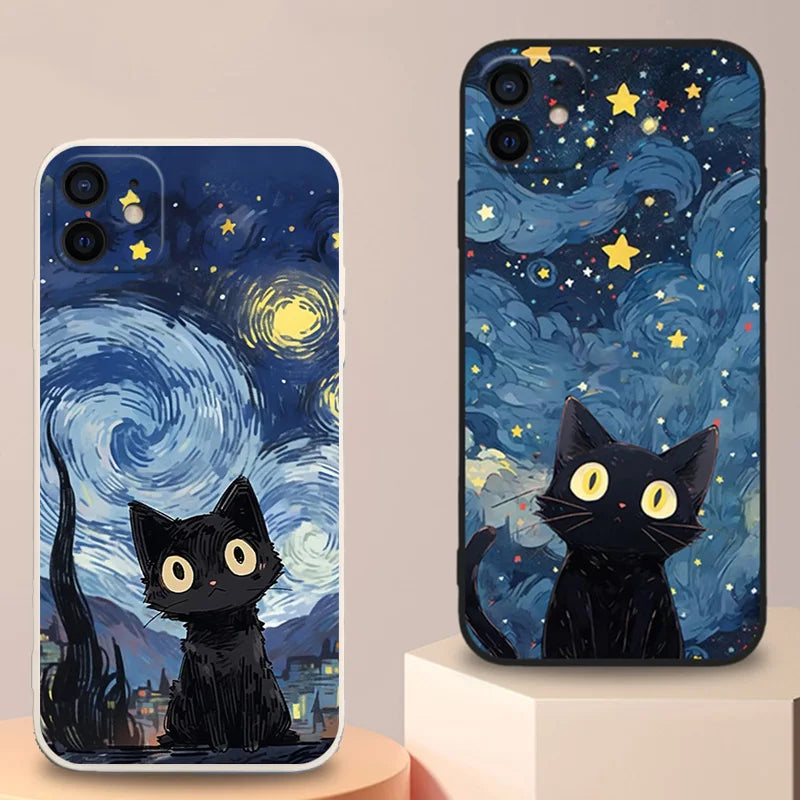 Artistic Black Cat Starry Night Phone Case For iPhone