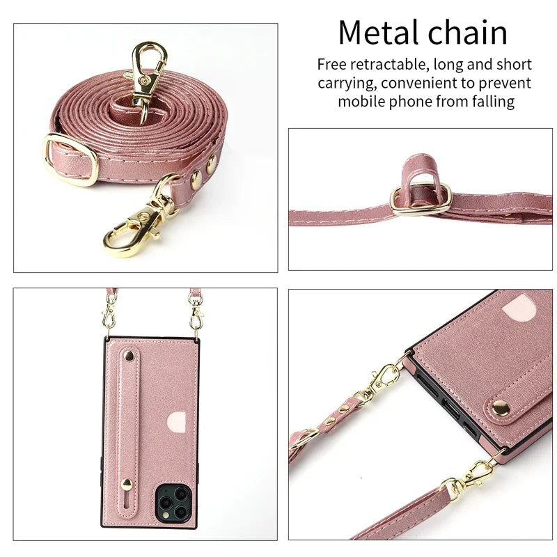 Leather Crossbody Wallet With Rope Lanyard Case for iPhone