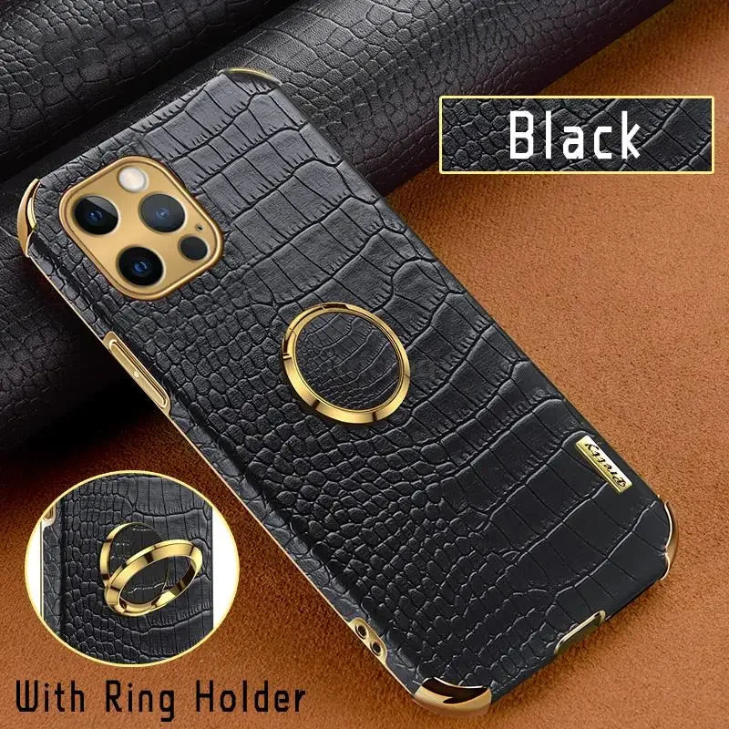 Crocodile Leather Magnetic Ring Holder Case For iPhone