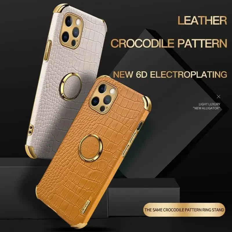 Crocodile Leather Magnetic Ring Holder Case For iPhone