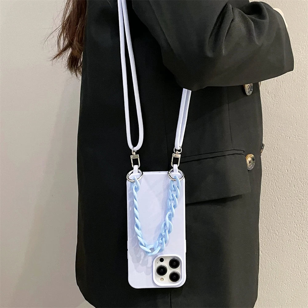 Crossbody Lanyard Luxury Candy Color Chain Matte Silicone Soft Case For iPhone