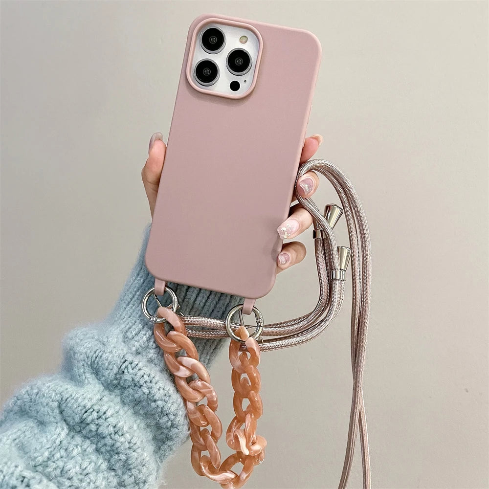 Crossbody Lanyard Luxury Candy Color Chain Matte Silicone Soft Case For iPhone