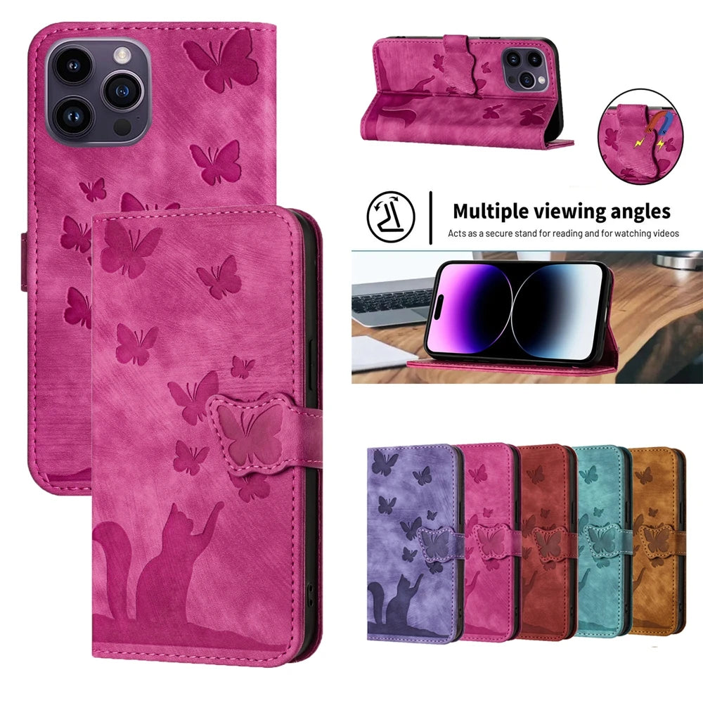 Cute Cat Butterfly  Leather Wallet Case for iPhone